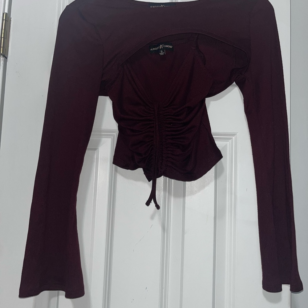 Almost Famous Burgundy Ruched Long Sleeve Blouse